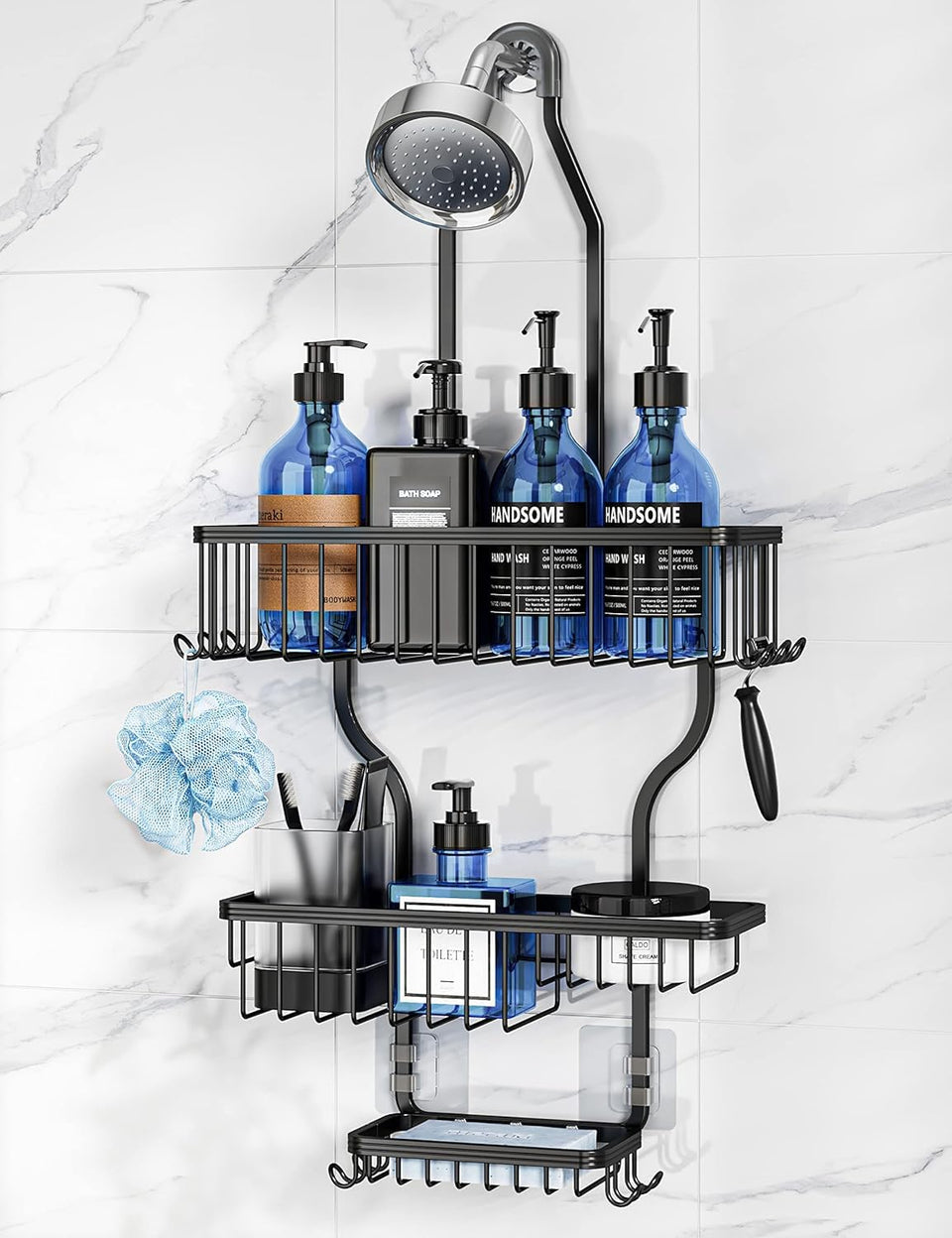 YASONIC Never-Rust aluminum over-the-showerhead caddy showcases sleek, durable design for busy bathrooms.
