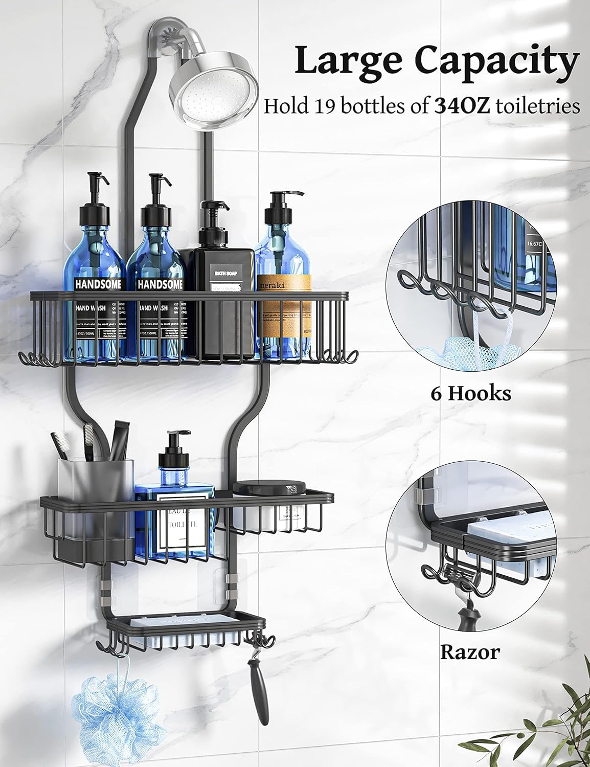 YASONIC over-the-showerhead caddy features three baskets for organized gel, shampoo, and lotion storage.