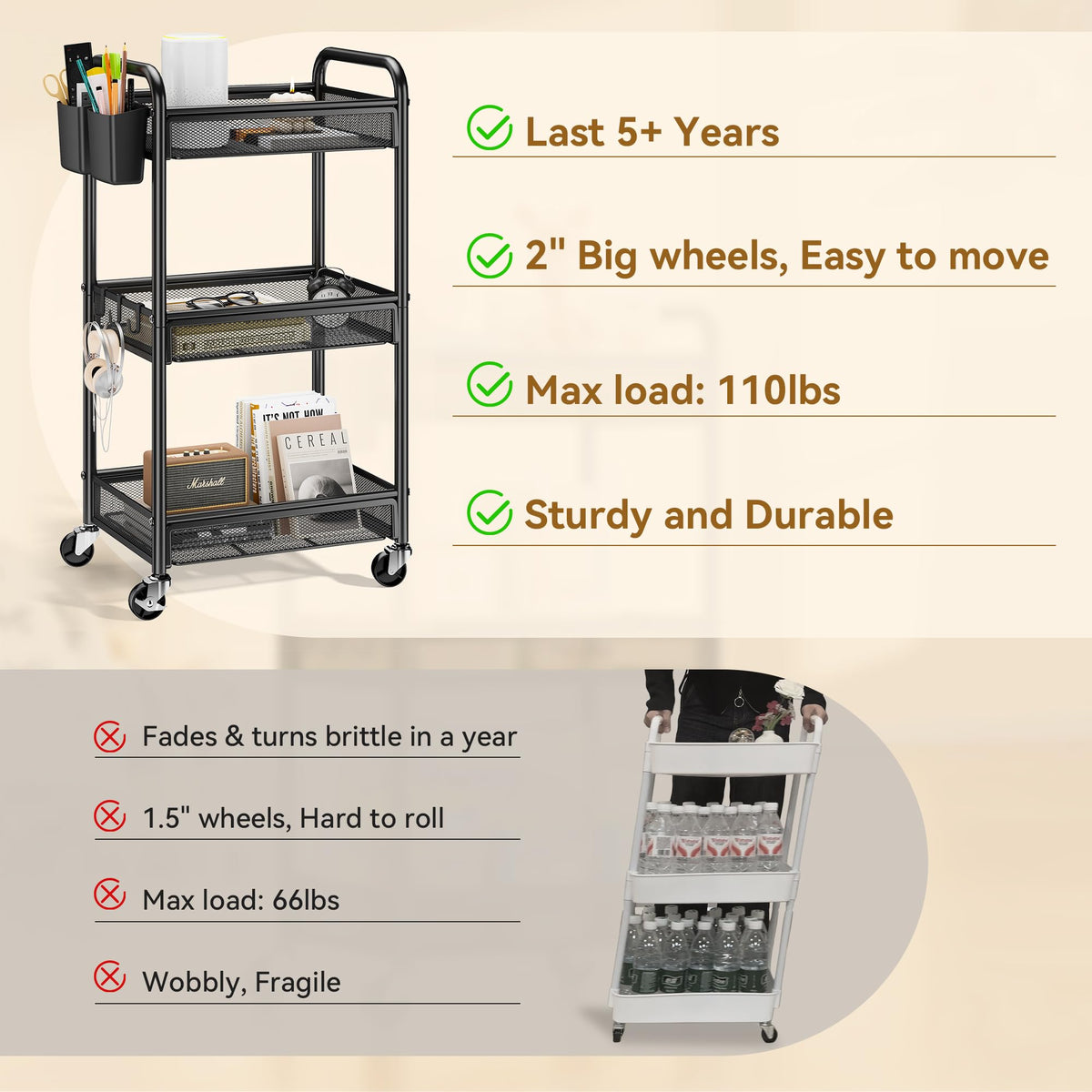YASONIC rolling cart hanging cups capture easy-access storage near workstations or vanity.