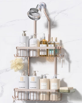 YASONIC rose gold shower caddy hanging for organized bathroom storage.