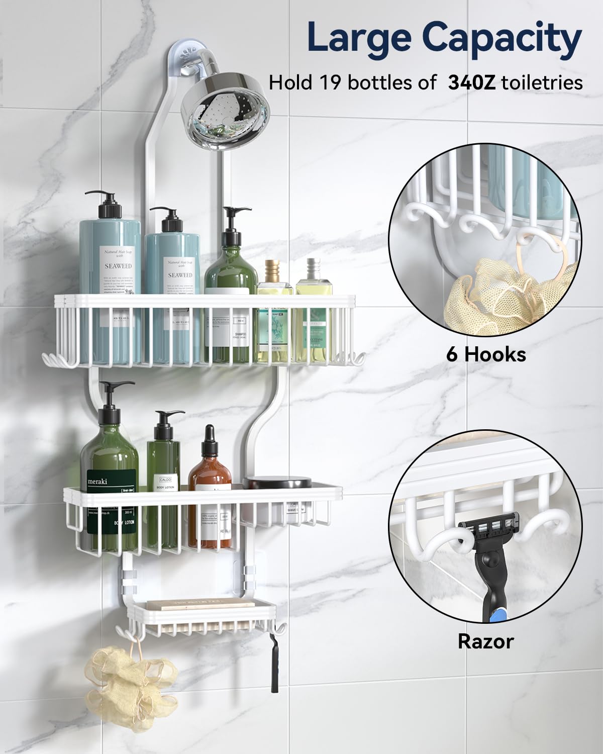 YASONIC three-tier design offers ample space for gels, shampoos, and lotions.