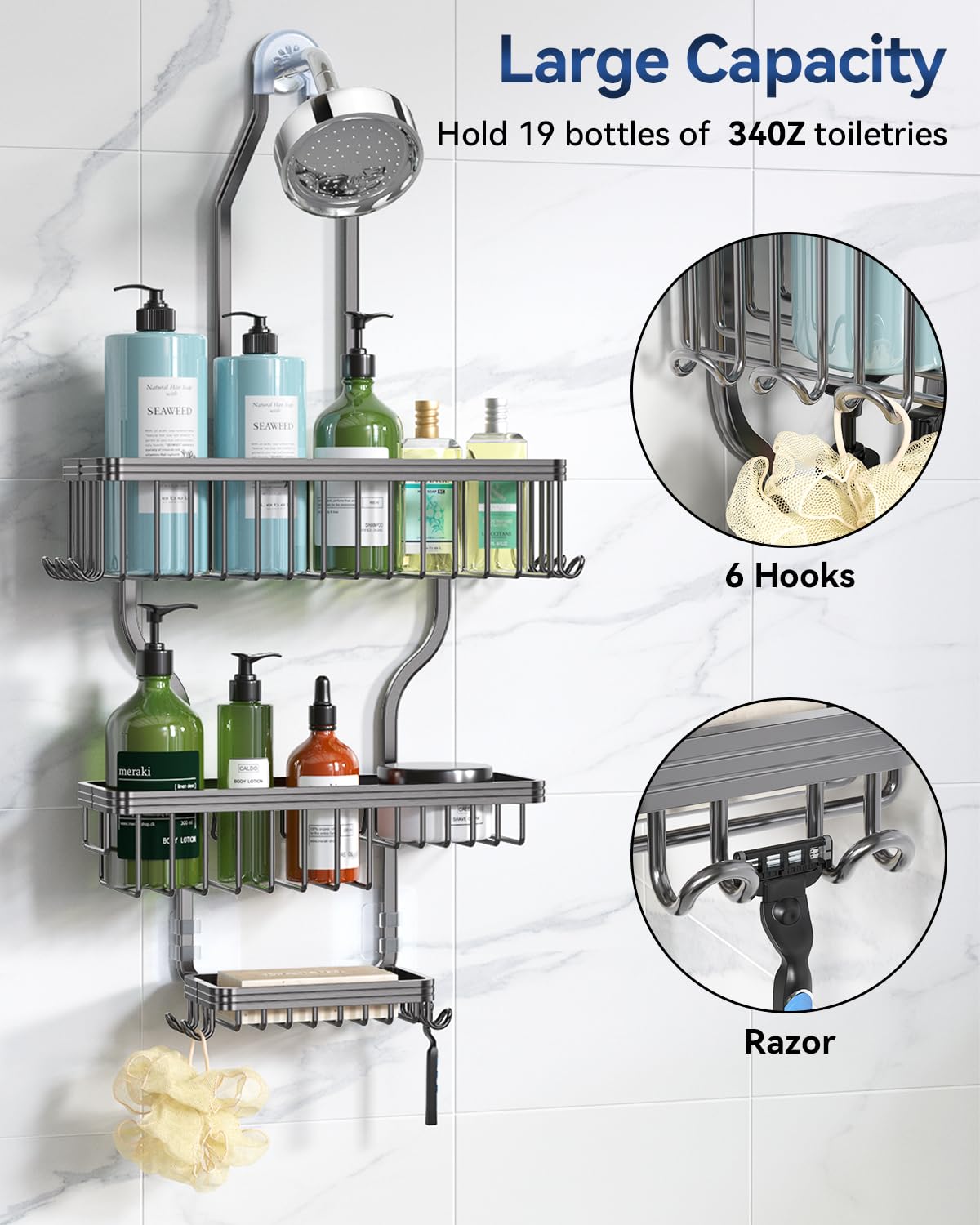 YASONIC shower caddy with 10 hooks stores razors, loofahs, and towels