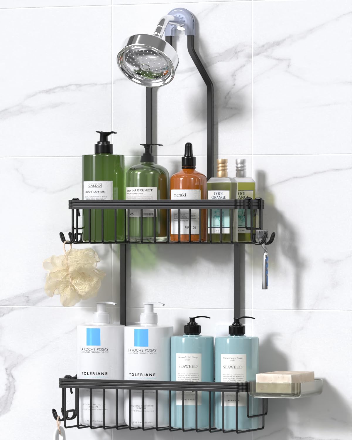 YASONIC aluminum shower caddy hanging with rust-free finish for organized bathroom storage.
