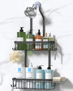 YASONIC aluminum shower caddy hanging with rust-free finish for organized bathroom storage.