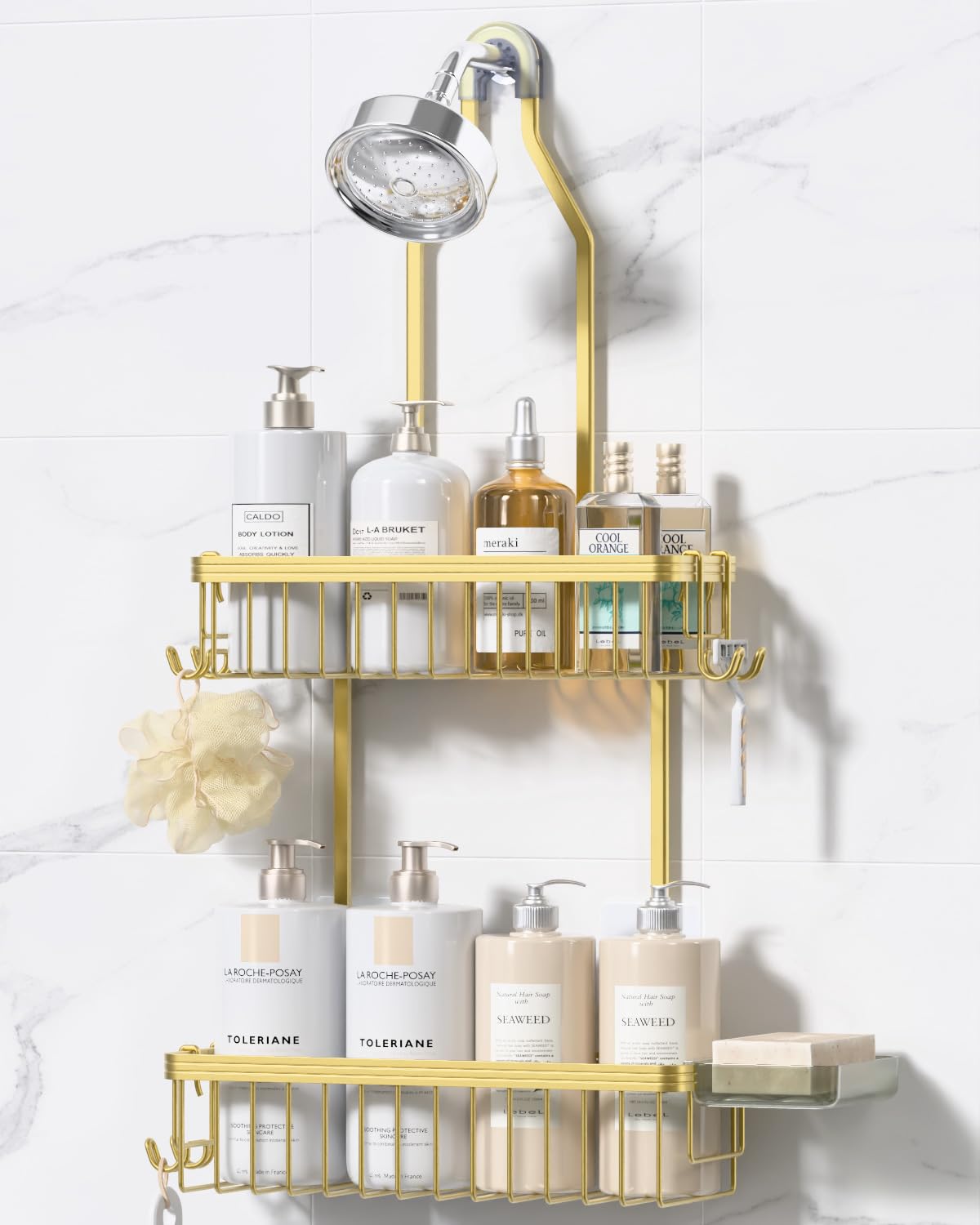 YASONIC shower caddy hanging in shower keeps toiletries organized.