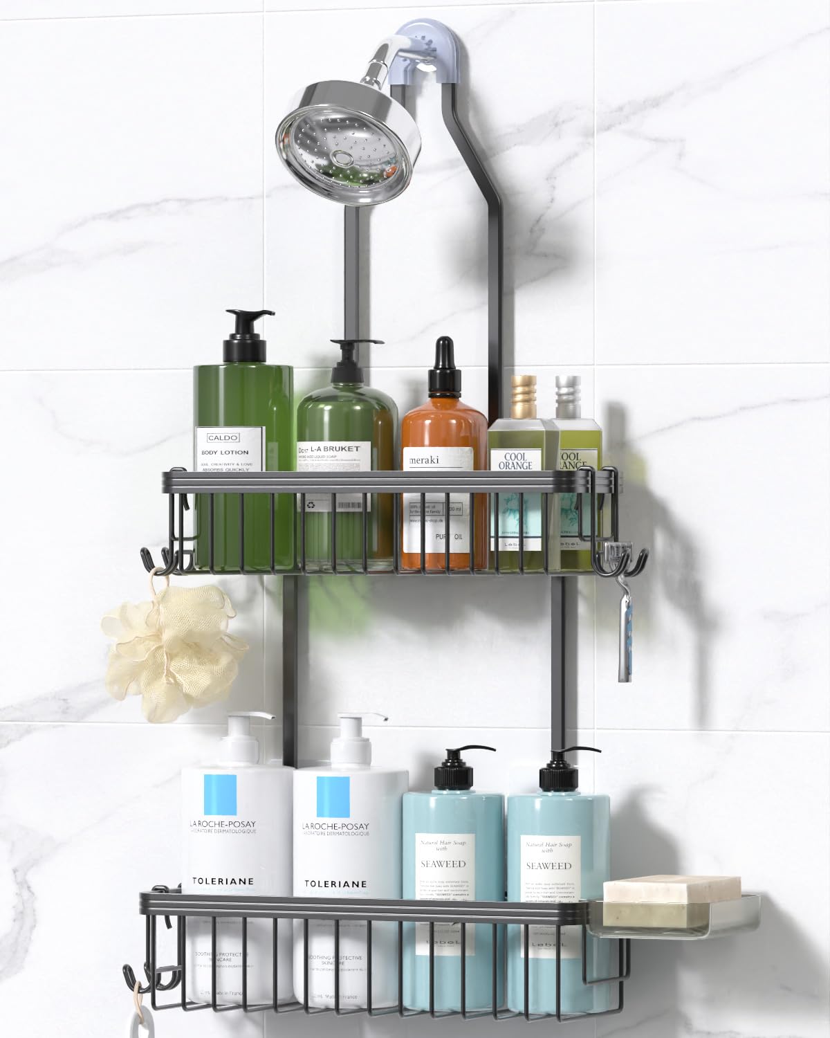 YASONIC shower caddy with two-tier baskets keeps shampoos organized in the shower