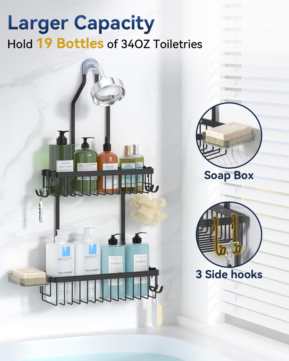YASONIC caddy with removable hooks for razors and towels on shower shelf.