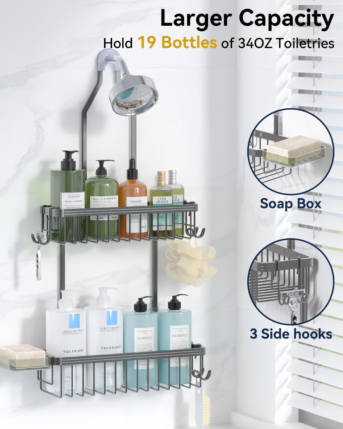 YASONIC aluminum shower rack with soap dish resists rust while draining