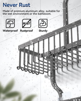 Top baskets hold shampoo and gel for quick access during showers