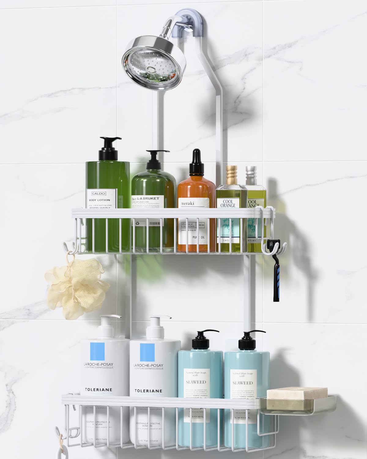 YASONIC shower caddy with two-tier baskets keeps toiletries organized and accessible.