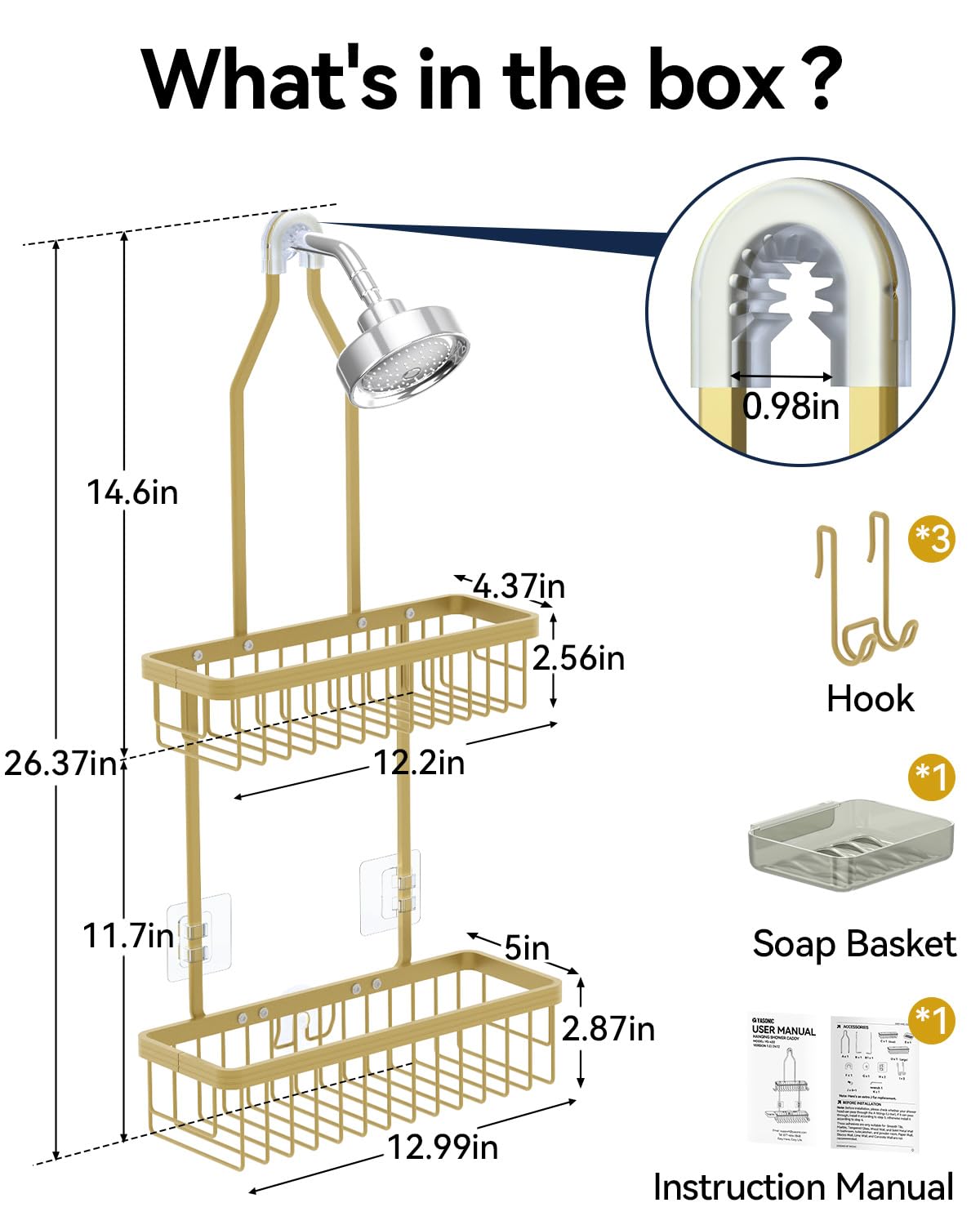 YASONIC two-tier baskets neatly separate shampoos and gels.