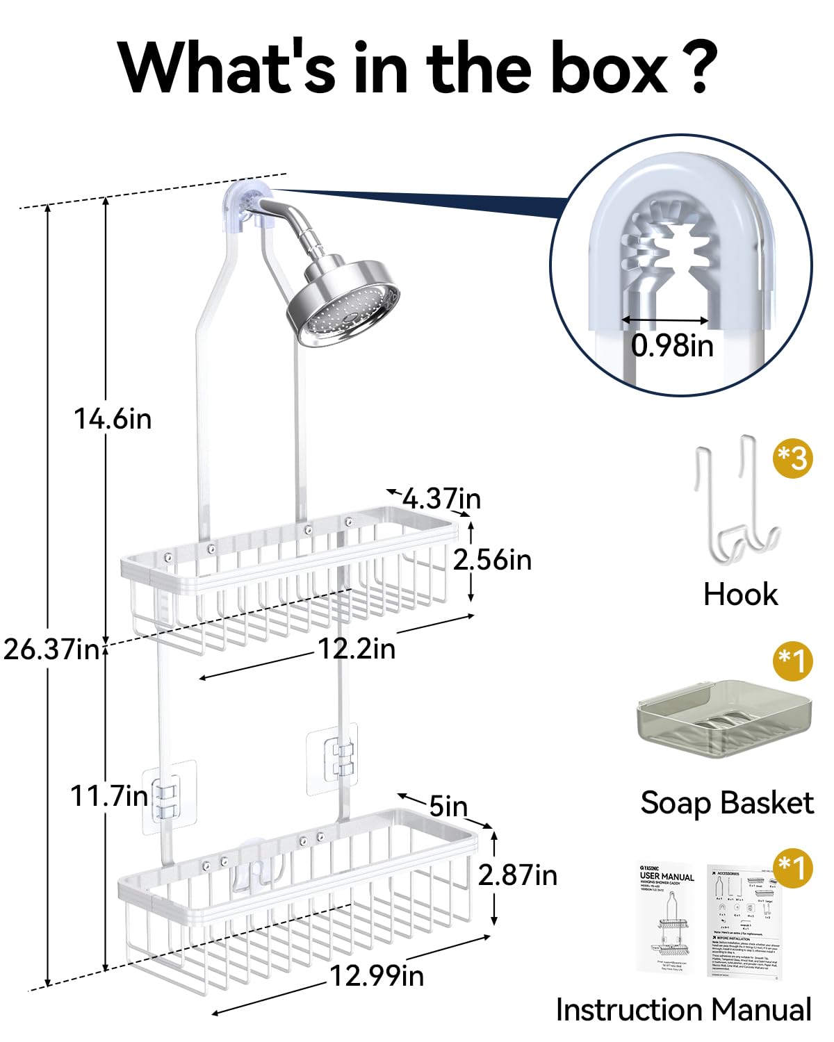 YASONIC hanging shower organizer fits most showerheads for versatile mounting.