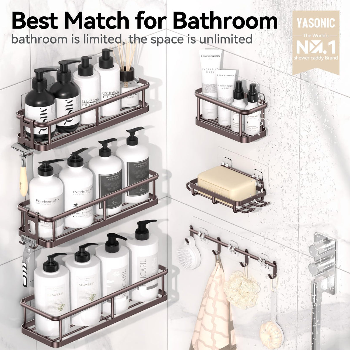 YASONIC adhesive shower shelves hold up to 40 lbs for secure placement