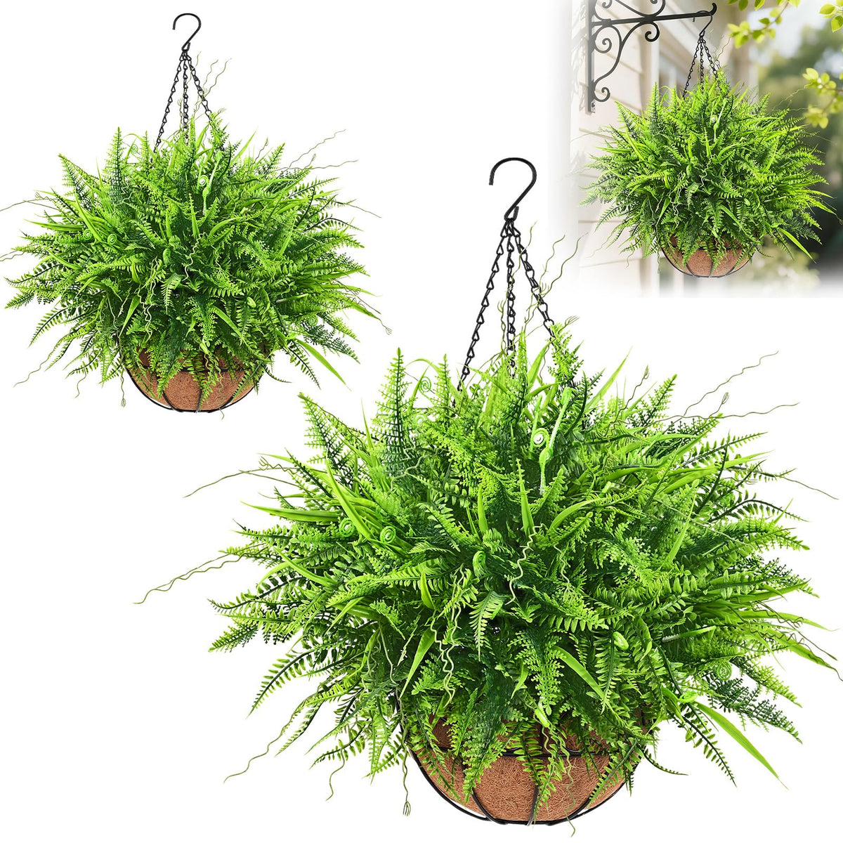 Yastouay artificial hanging ferns on a front porch add year-round green charm.