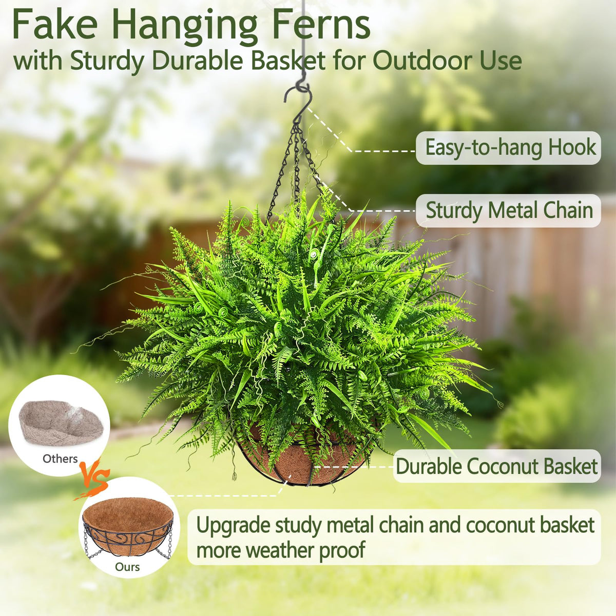 Yastouay faux ferns stand strong in sun and rain without fading.