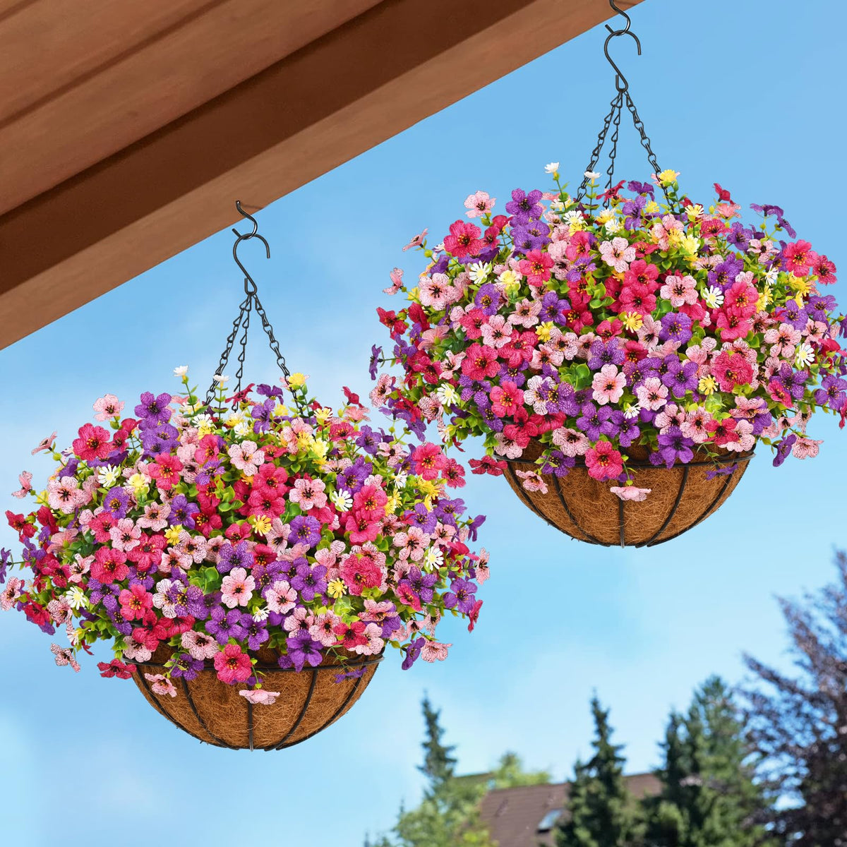 Yastouay artificial hanging flowers in 12-inch baskets for outdoor décor.
