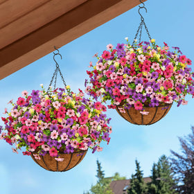 Yastouay artificial hanging flowers in 12-inch baskets for outdoor décor.