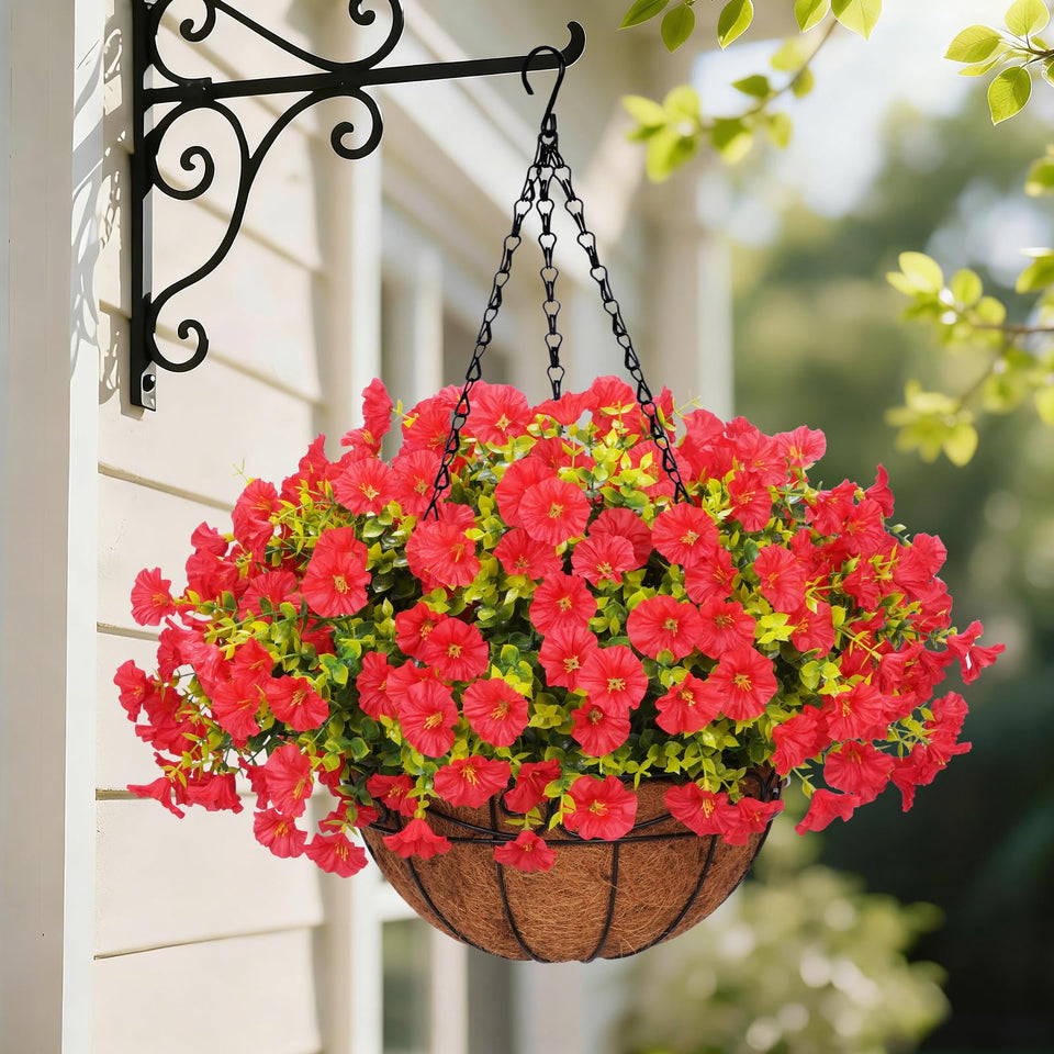 Yastouay artificial hanging flowers in red basket boost curb appeal.