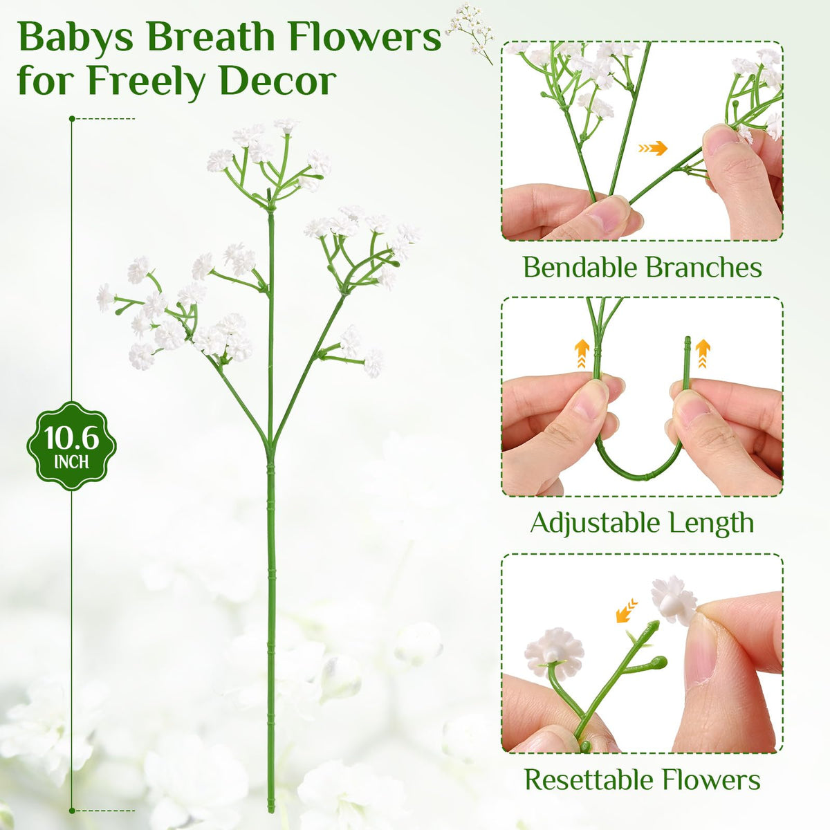 Yastouay Baby's Breath iron-wire stems bendable for easy styling.