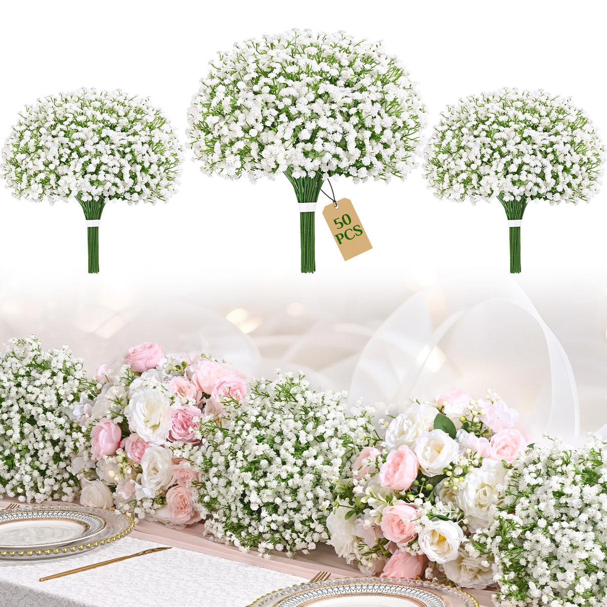 Yastouay Baby's Breath white bouquet with a realistic look for elegant wedding decor.