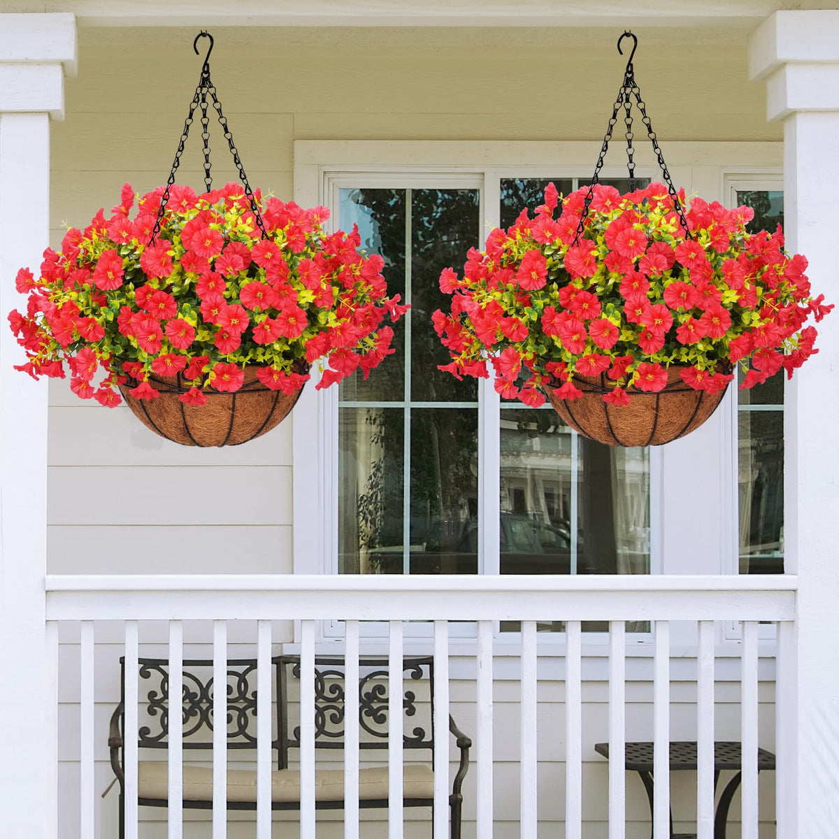 Yastouay boxwood petunias in red hanging basket for garden entry.