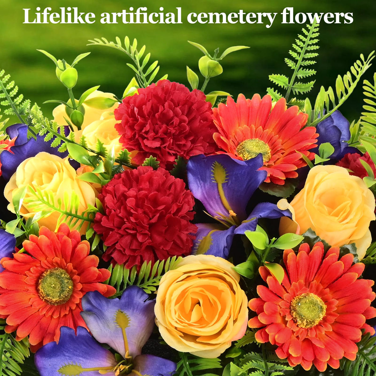 Yastouay cemetery flowers bouquet with vase provides balanced ground framing for memorials.