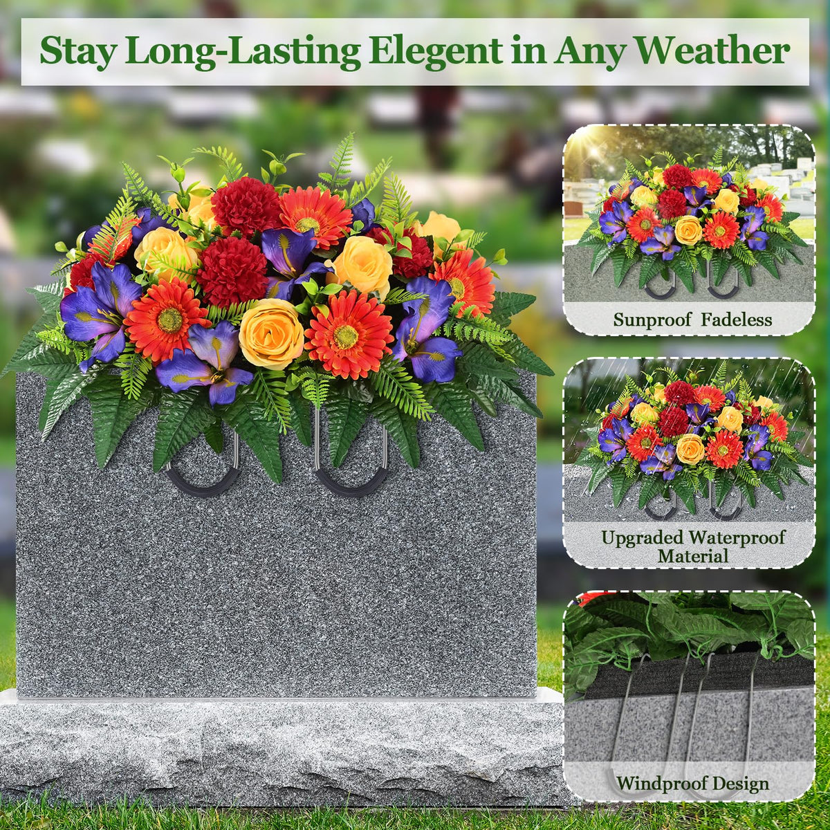 Yastouay cemetery flowers bouquet with vase focuses on stone framing for every angle.