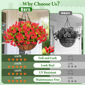 Yastouay fake hanging flowers in red basket ideal for patio decor.