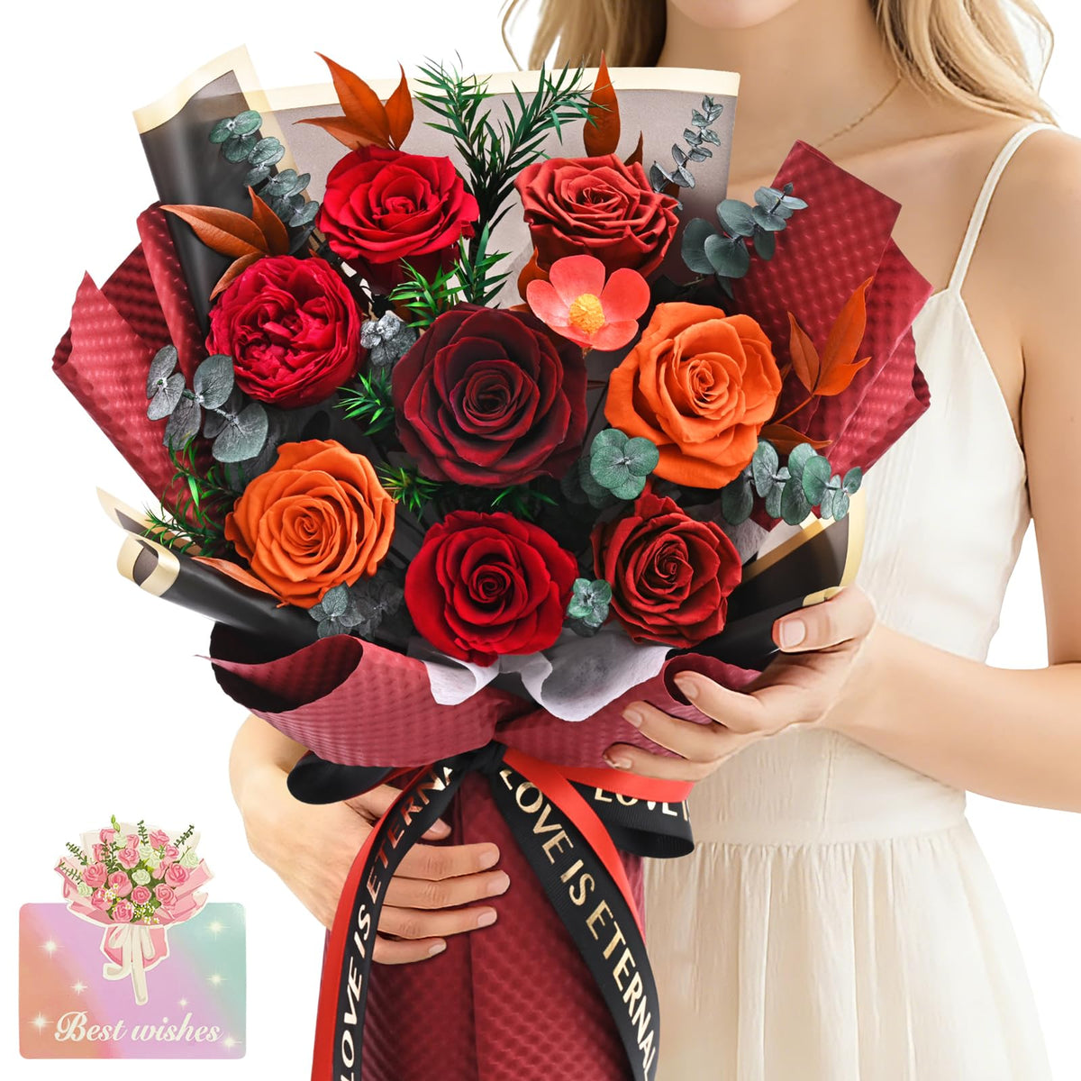 Yastouay Forever Rose 8-piece bouquet with vase displayed in living room.