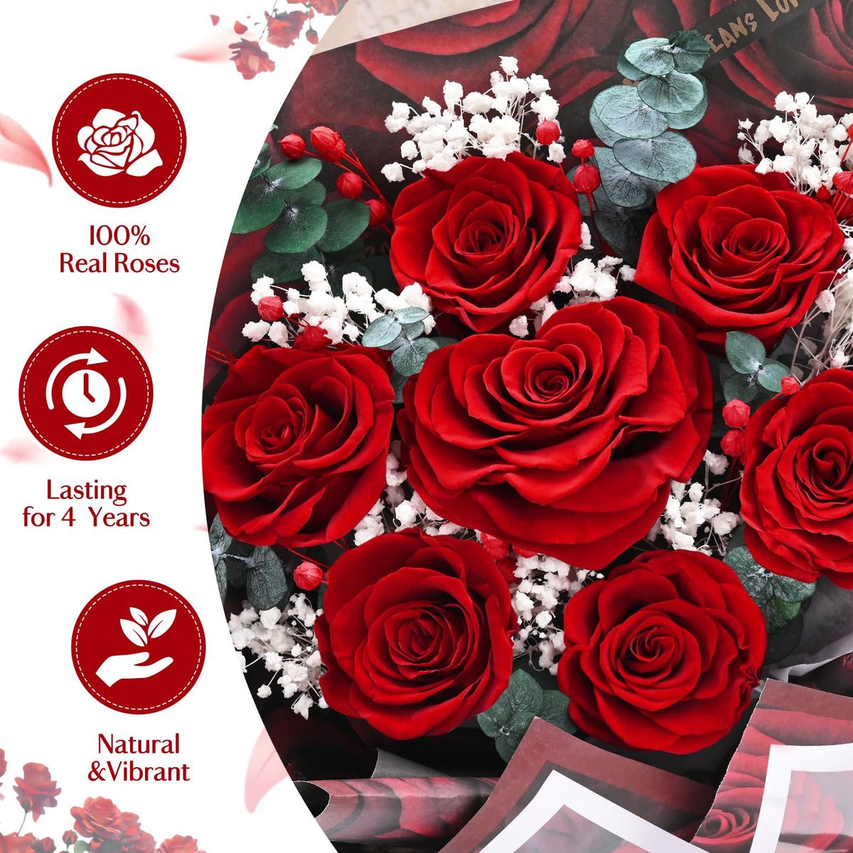 Yastouay preserved roses close-up shows vibrant color and lifelike texture.