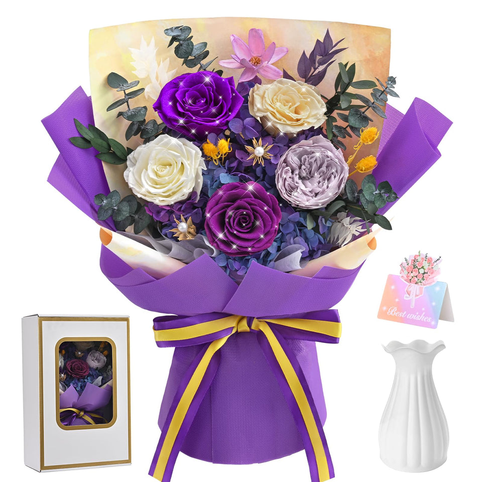 Yastouay glitter purple preserved roses bouquet ready for display, long-lasting elegance.