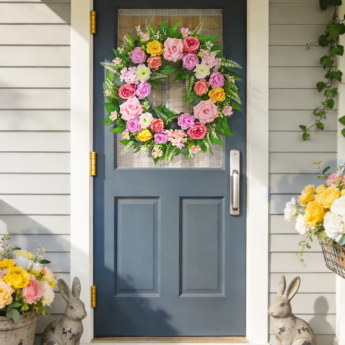 Yastouay handcrafted wreath featuring roses and peonies in silk