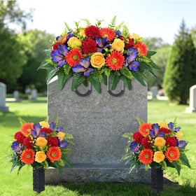Yastouay headstone saddle creates a dignified cemetery display with durable lifelike blooms.