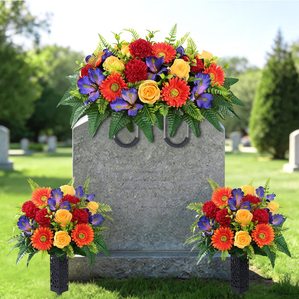 Yastouay headstone saddle creates a dignified cemetery display with durable lifelike blooms.