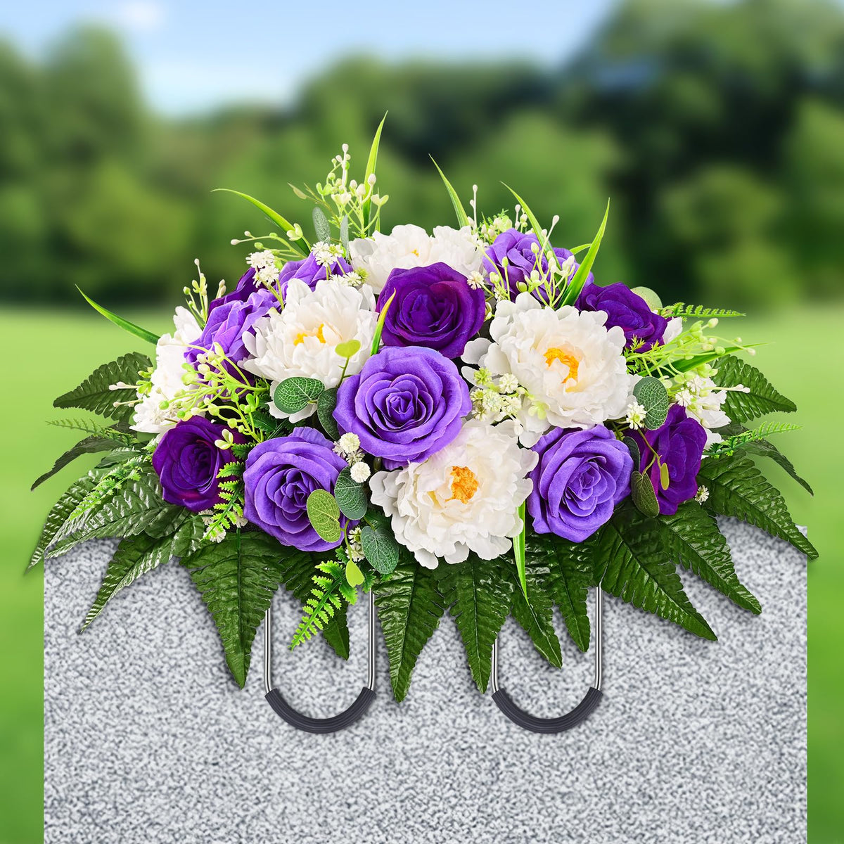 Yastouay headstone saddle with lifelike peony and rose for dignified memorial display