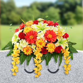 Yastouay headstone saddle with realistic flowers for lasting grave tribute.