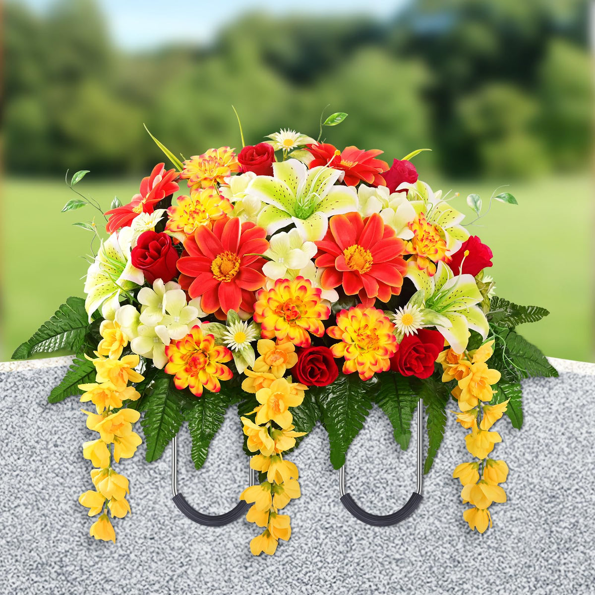 Yastouay headstone saddle with realistic flowers for lasting grave tribute.