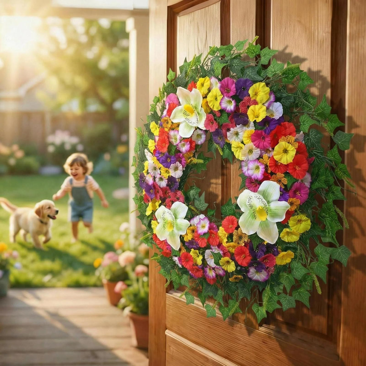 Close-up of lifelike silk flowers on the Yastouay wreath.