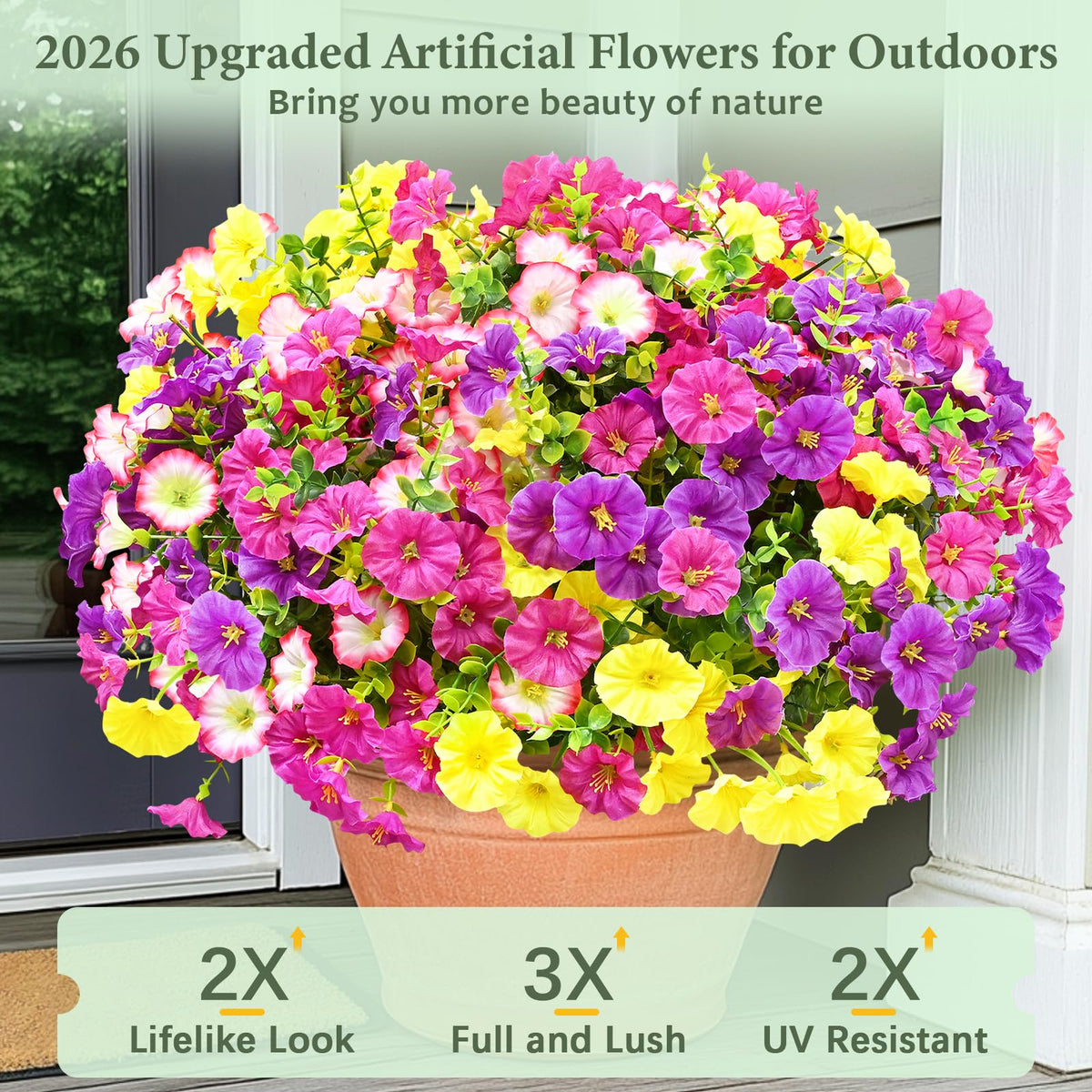 Yastouay patio balcony setup with colorful morning glory arrangements