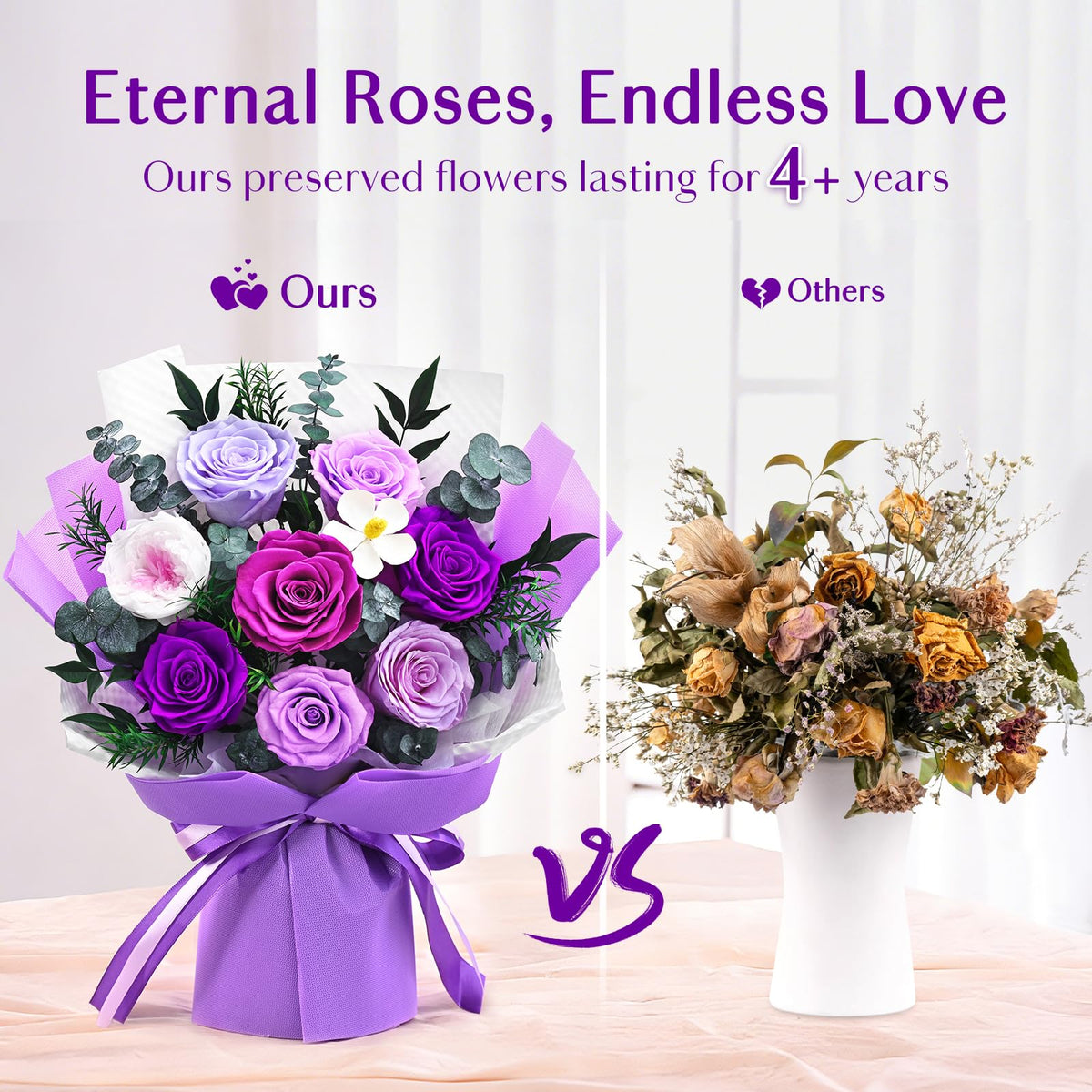 Yastouay purple preserved roses displayed brightly in living room.
