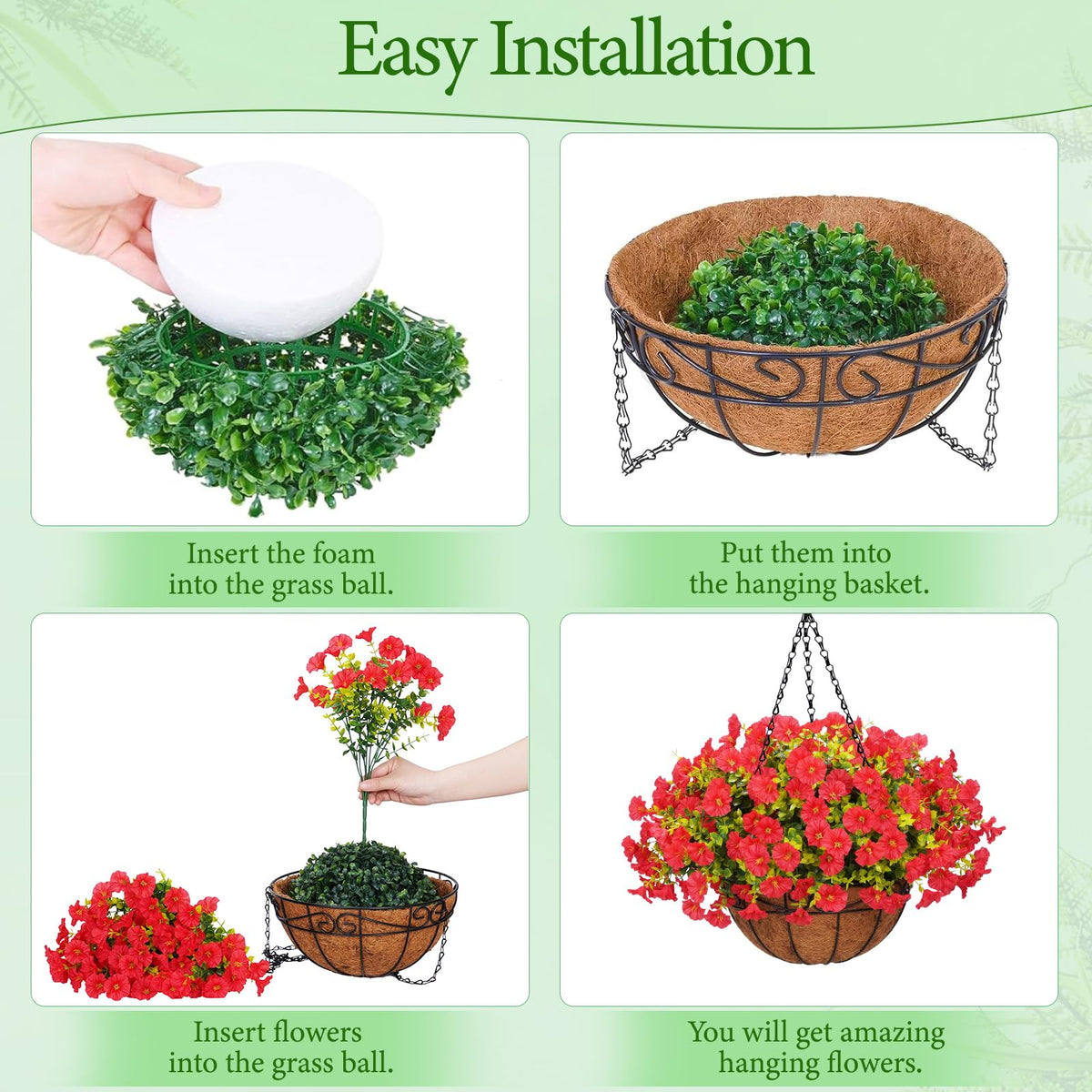 Yastouay seasonal porch decor with red hanging flowers in basket.