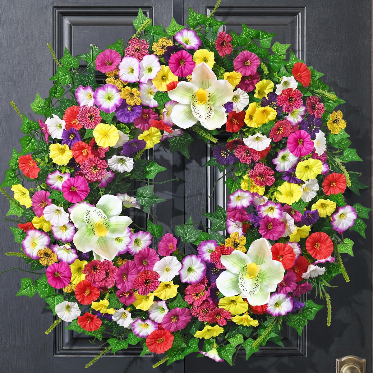 Yastouay Spring Wreath with petunias and magnolia blooms brightens your front door.