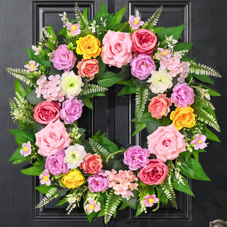 Yastouay summer wreath with front-door roses and peonies for elegant curb appeal
