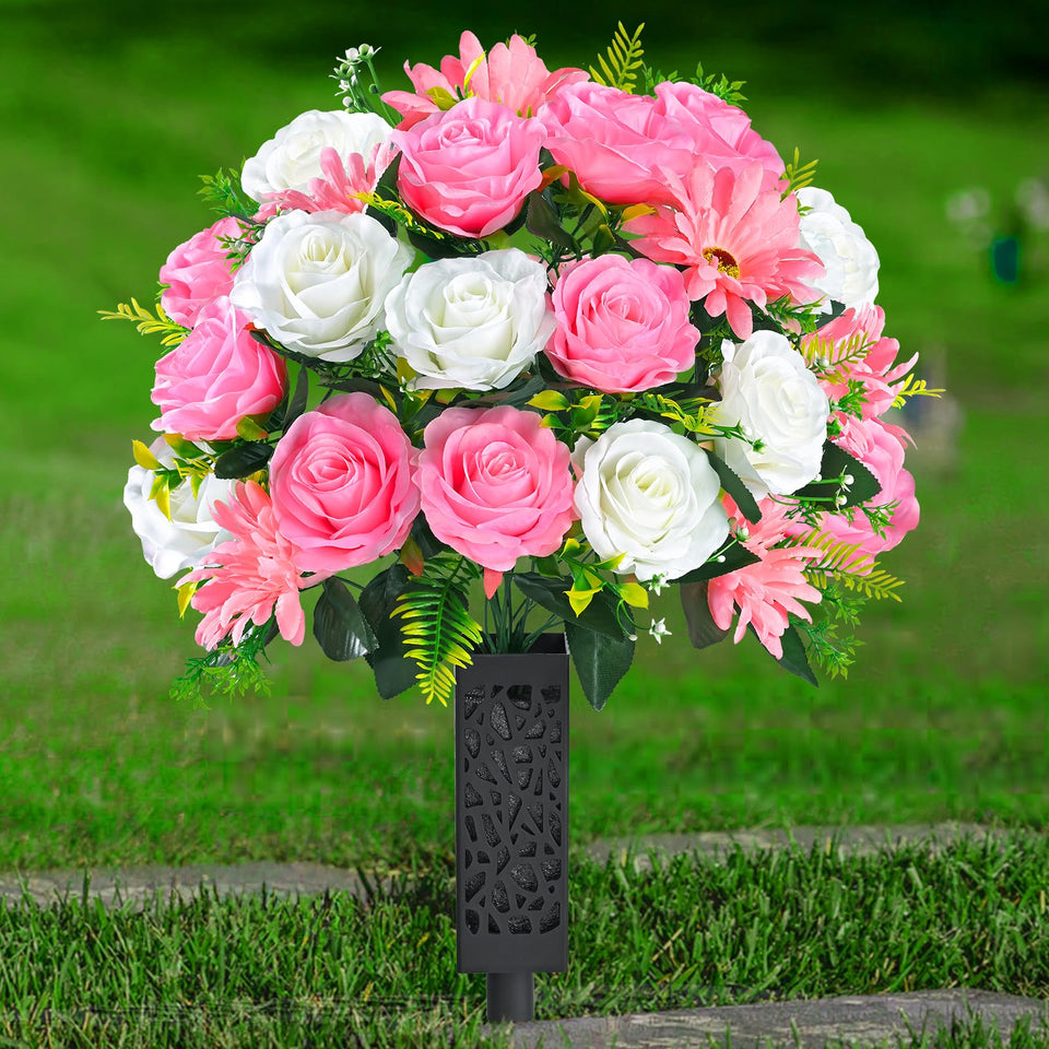 Yastouay two-sets cemetery flowers with vases in pink and white, ready for grave decor.