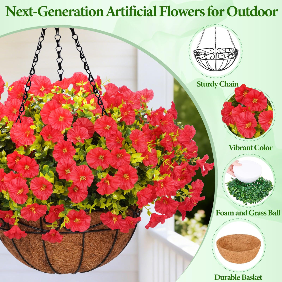 Yastouay red-basket hanging flowers with rust-resistant steel frame.