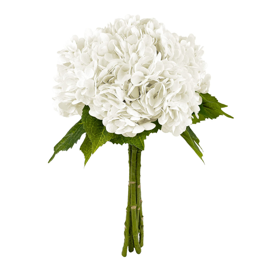 Yatim white hydrangea heads in a five-piece bouquet for lasting decor.