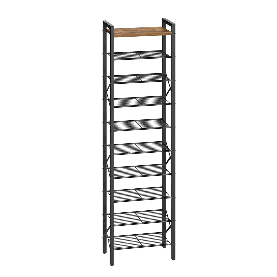 YATINEY 10-tier narrow shoe rack front view showing space-saving storage for 10-20 pairs.