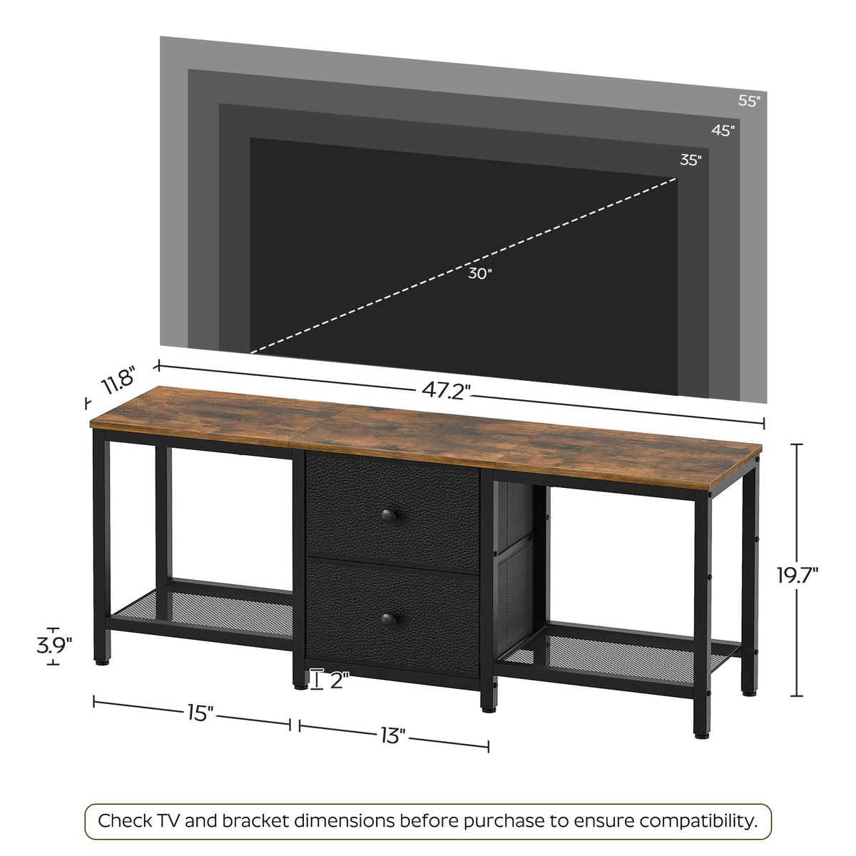 YATINEY DS02BR dimensions illustrate 55-inch TV compatibility.