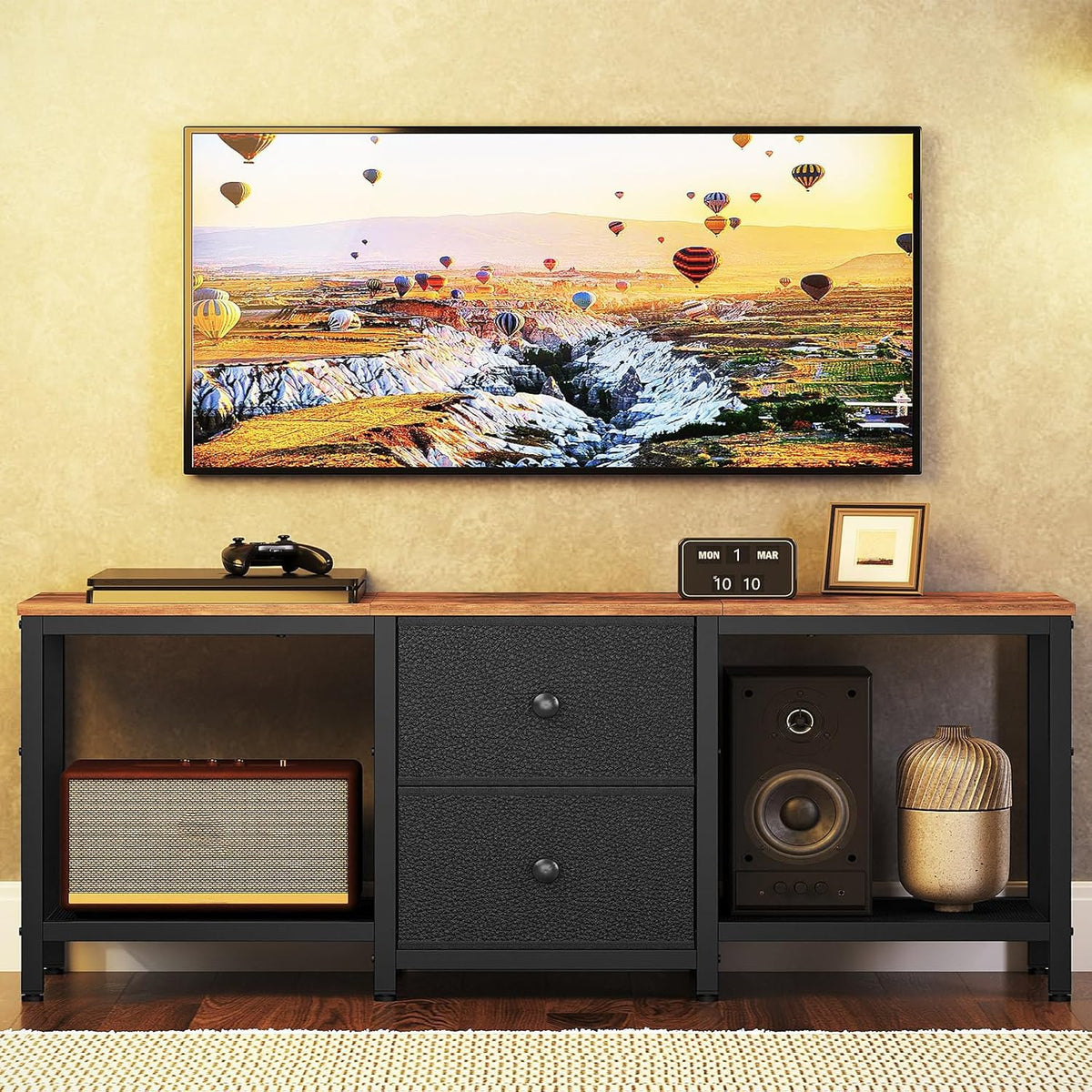 YATINEY DS02BR TV stand shows mesh shelves for magazines and remotes.
