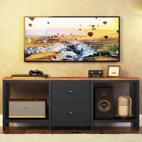 YATINEY DS02BR TV stand shows mesh shelves for magazines and remotes.